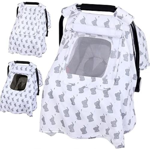 Baby Car Seat Cover, Infant Carseat Canopy with 3 Layers Windows, Breathable Mesh Peep Window, Kick-Proof Carrier Cover for Boys Girls, Windproof Stroller Cover Shower Gift for Newborn (Elephant)