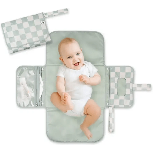 Tiny Twinkle Portable Diaper Changing Pad-Foldable Waterproof Changing Mat&Portable Changing Pad for Travel,Baby Changing Station with Smart Wipes Pocket&Storage (Sage Checkers)