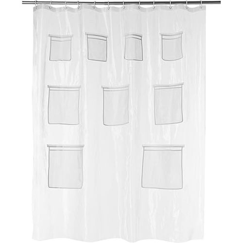 Amazon Basics 8-Gauge PEVA Shower Curtain or Liner with Mesh Storage Pockets - 72" x 72", Clear