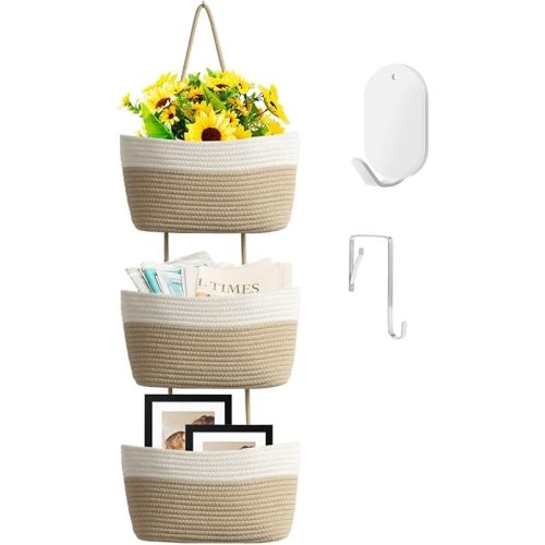 Hanging Baskets for Organizing,Bathroom Organizers and Storage,3-Tier Woven Cotton Wall-Mounted Storage Organizer Bag Decorative,Kitchen,Living Room,Bedroom,Nursery