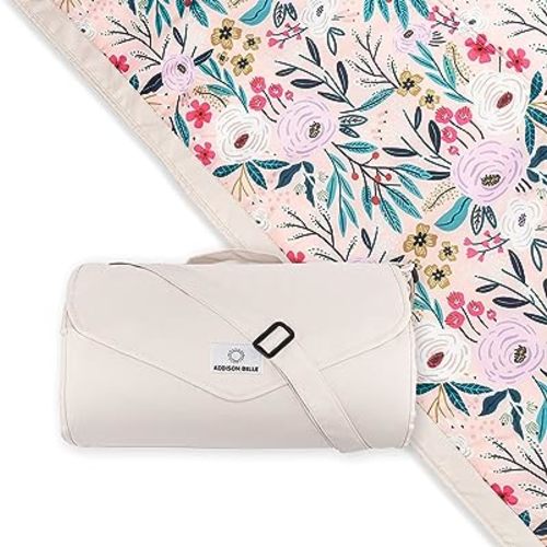 – Premium Outdoor Blanket | Picnic Blanket | 100% Polyester | Summer Beach Blanket | Water Resistant | Easy to Fold | Wipeable Material | Babies and Toddlers (Pink/Flowers, 5x5)