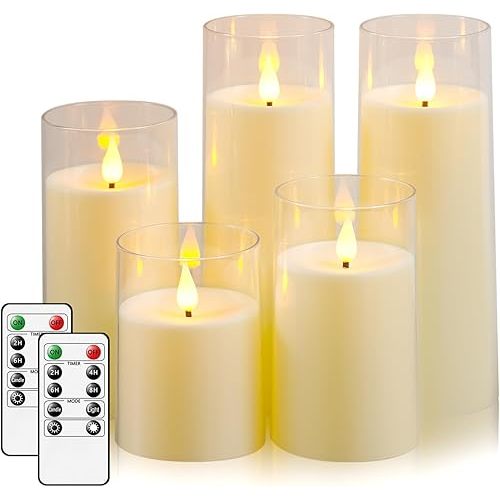 Fo32won Ivory White LED Flameless Pillar Candles Battery Operated with Remote and Timer, Pack of 5 (D 3"×H 4" 5" 6" 8" 8") Decorative Plexiglass Flickering Candles with 3D Flame