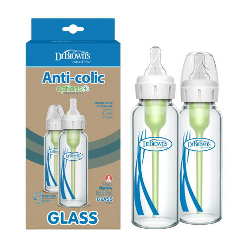Dr. Brown's Natural Anti-Colic Glass Baby Bottle, 2 Pack, 8 oz with Slow Flow Nipple, 0m+