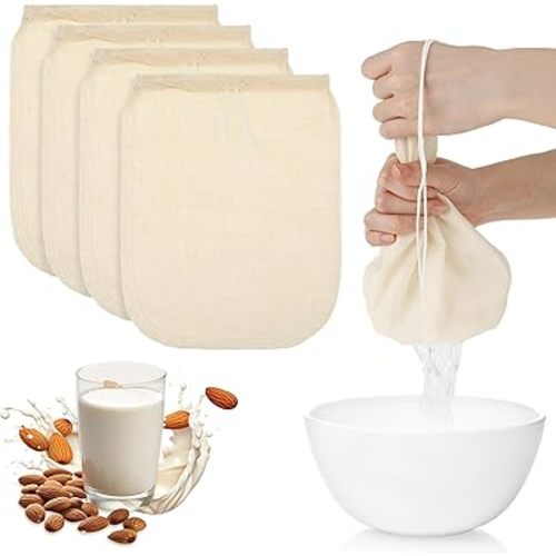 WLLHYF 4 Pack Cotton Nut Milk Bag 8 × 6 Inches Fine Mesh Cheese Cloth Multiple Usage Reusable Food Strainer Professional Cold Brew Filter for Straining Juice Coffee Yogurt Tea (Cotton, 8×6 In)