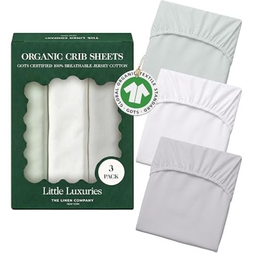 100% Organic Jersey Cotton Crib Sheets (3-Pack) – GOTS Certified Soft & Breathable Crib Sheets for Boys and Girls, 9" Deep Pocket & Full Elastic Snug Fit, 28" x 52" Standard Size