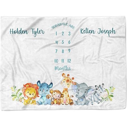 MDPrints Personalized Twin Milestone Blanket, Custom Monthly Baby Blankets with Name for Boys and Girls, 30x40 & 50x60inch Soft Plush Fleece (Zoo)