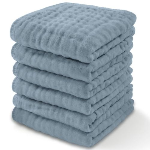 Baby Washcloths Muslin Cotton, Large 10”x10” By Comfy Cubs (pacific Blue, Pack Of 6)