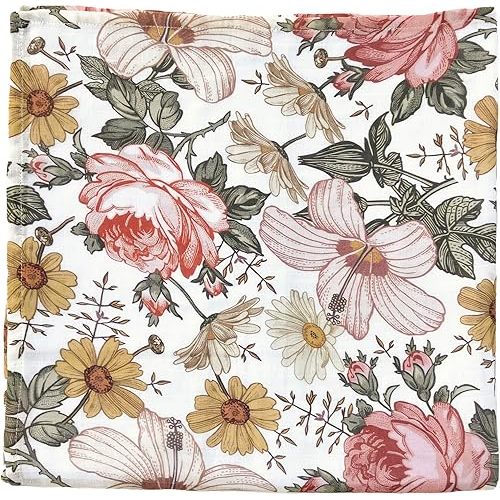 Muslin Swaddle Blanket | Floral Baby Wrap 47" x 47" Soft Floral Swaddle for Girls - Garden Floral (White)