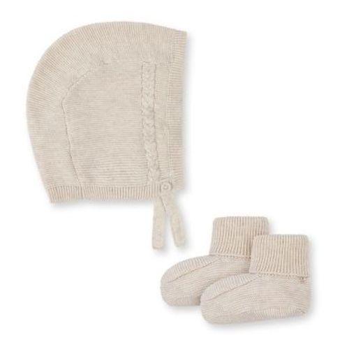 Hope & Henry Baby Organic Sweater Bonnet and Bootie 2-Piece Set, Light Oatmeal Bonnet Set, 18-24 Months