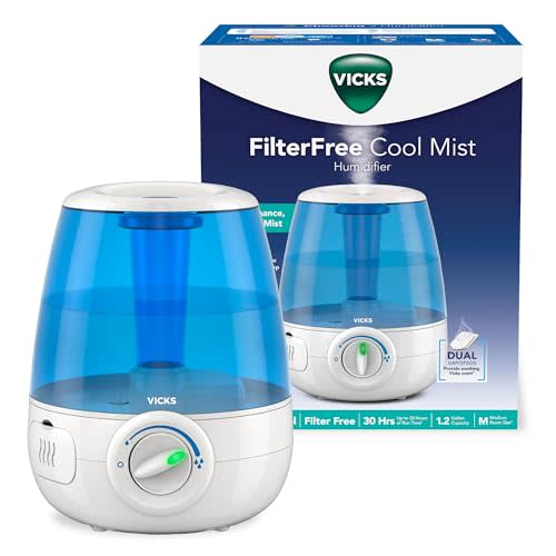 Vicks Filter-Free Ultrasonic Humidifier, Recommended by Pediatricians*, 1.2 Gal Ultrasonic Cool Mist Humidifiers for Bedrooms & Kids Rooms, Works with Vicks VapoPads