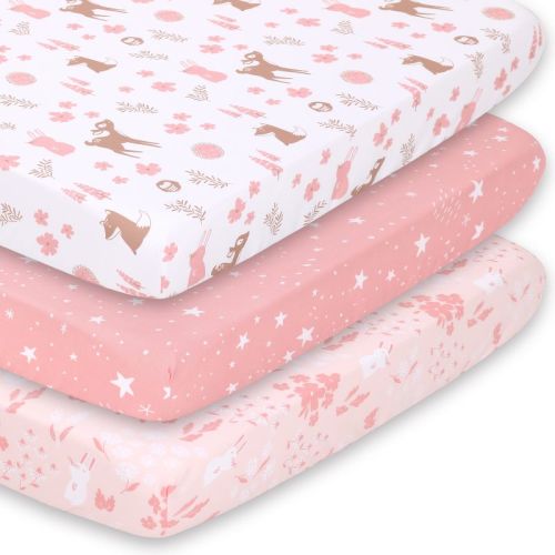 The Peanutshell Mini Crib Sheet Set For Girls - 3 Pack - Multiuse For Pack & Play, Playard, Playpen, Mini Crib, Pink Woodland Floral