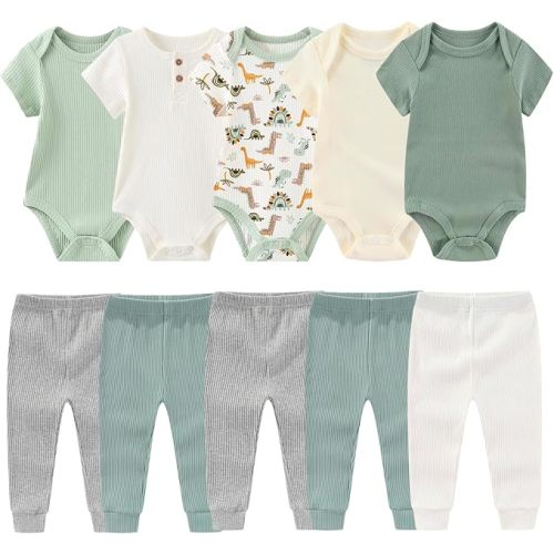 MAMIMAKA Newborn Baby Layette Gift Set 10-Piece Baby Boy Girl Short Sleeve Bodysuits with Pants Infant Outfit Essentials