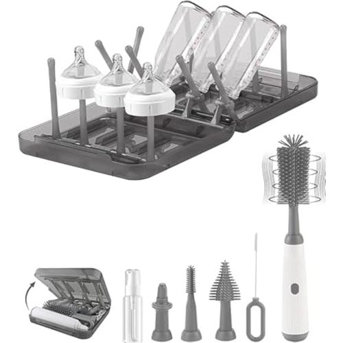 Electric Bottle Brush Cleaner, Rechargable Electric Baby Bottle Brush Cleaner with Nipple & Straw Brush, Travel Baby Bottle Brush with Drying Rack, Perfect Essentials for Mom After Birth