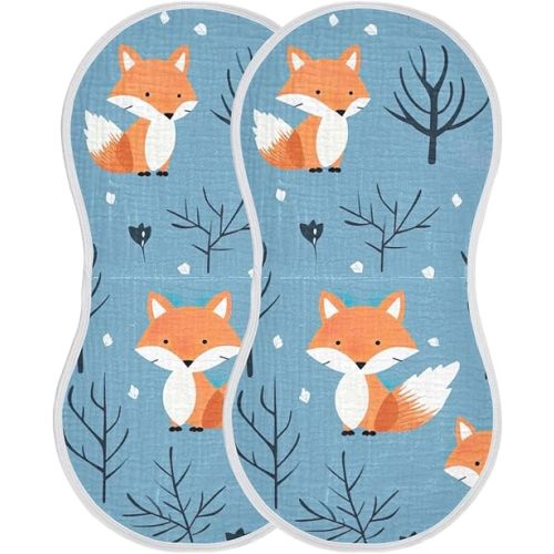 MCHIVER Cute Cartoon Foxes Burp Cloths for Baby Boy Girl Cotton Burp Rags Absorbent Muslin Bibs for Baby Unisex Newborn 2PCS