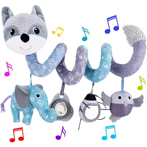 Car Seat Toys, Infant Baby Spiral Activity Hanging Toys for Car Seat Stroller Crib Bassinet Mobile with Music Box BB Squeaker Rattles-Gray Fox