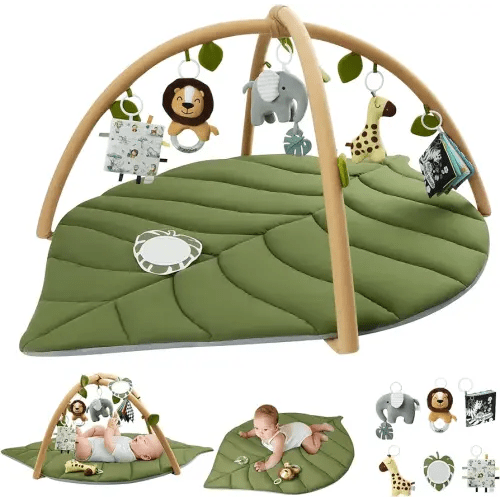 Blissful Diary Baby Play Gym & Activity Mat, Oversize Leaf Shaped Baby Play Mat w 6 Detachable Toys, Tummy Time Mat Promote Motor Skills & Sensory Development Mat, Newborn Infant Baby Essentials Gift