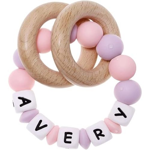 Presonalized Teether Baby Rattle with Name, Customizable Silicone Sensory Rattle with Natural Organic Beech Wood Rings for Girls Baby Shower Toys - LightPink/Lightpurple