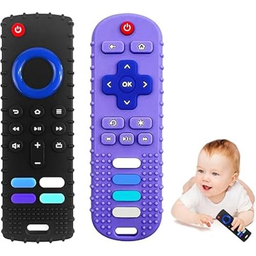 2-Pack Silicone Baby Teething Toys, TV Remote Teethers for 6-12-18 Months Infant, Fire Stick Remote Control Shape Baby Silicone Teethers, Chew Toys for Boys and Girls (New-F Black+R Purple)