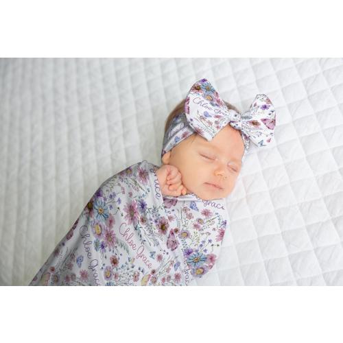 WILDFLOWER BABY GIRL Swaddle Blanket Set, Baby Name Floral Blanket Knotted Hat headband, Wildflower Baby Girl Gift, Baby Shower Custom Gift