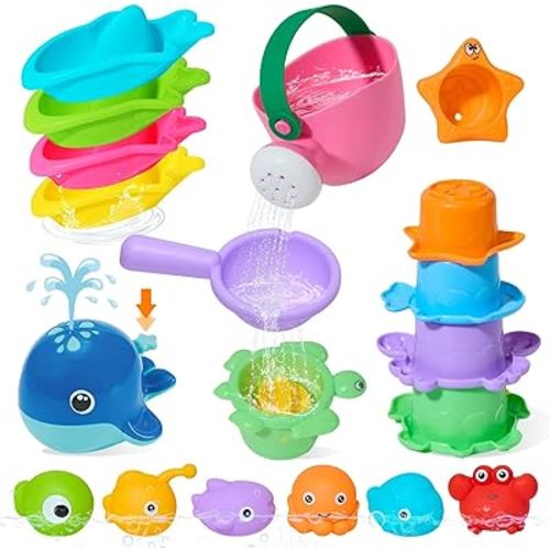 Baby Bath Toys for Kids Ages 1-3, 17PCS Mold-Free No Hole Bath Toys, Pool Water Table Toys, Toddler Bath Toy Set with Whale Sprayer, Boats & Stacking Cups, Easy Clean Bathtub Toys Girls Boys Gifts