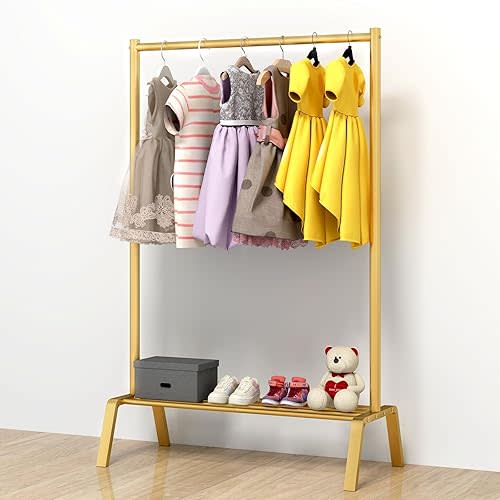 Kids Dress Up Storage, Metal Kids Clothing Rack, Kids Costume Rack with Storage Shelf, Toddler Clothing Rack Organizer, Gold