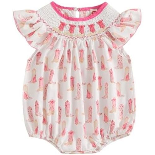 Chloefairy Newborn Baby Girl Western Clothes Smocked Bubble Romper Short Sleeve Dots Bodysuit Infant Summer Cowgirl Outfit