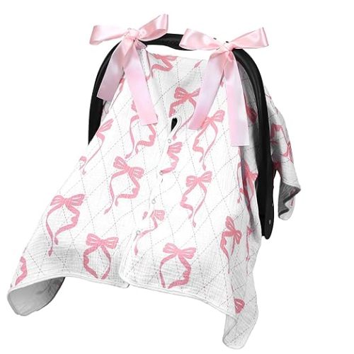 Tegeme 2-in-1 Pink Bow Muslin Baby Car Seat Cover Breathable Multi-use Nursing Infant Car Seat Cover Windproof Canopy for Breastfeeding Strollers Carriers