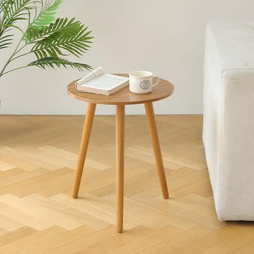 AWASEN Round Side Table, Small End Table for Living Room, Modern Accent Table Coffee Side Table with Solid Wood Legs for Small Space, Easy Assembly, Brown