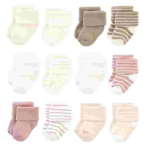 Hudson Baby Infant Girl Cotton Rich Newborn and Terry Socks, Blush Stripe, 0-6 Months