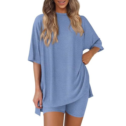 PRETTYGARDEN Women's Two Piece Lounge Set 2025 Summer Casual Oversized Shirts Biker Shorts Matching Airport Travel Outfit
