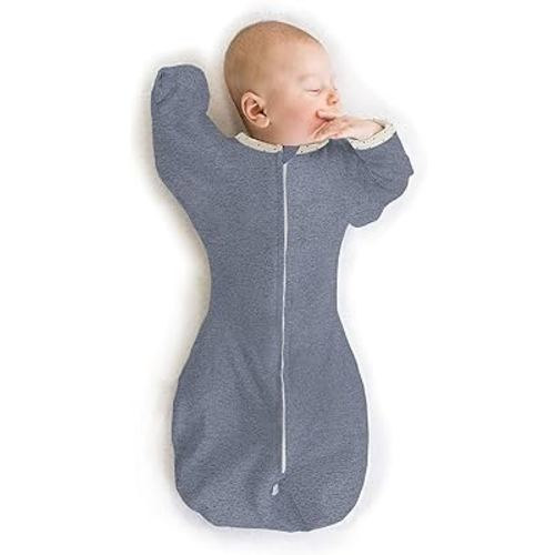SwaddleDesigns Transitional Swaddle Sack with Arms Up Half-Length Sleeves and Mitten Cuffs, Heathered Denim with Polka Dot Trim, Large, 6-9 Mo, 21-24 lbs (Better Sleep, Easy Swaddle Transition)