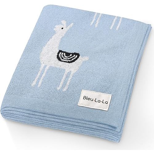 Baby Receiving Swaddle Stroller Blanket - 100% Fine Loomed Cotton Cozy Cuddle Crib Stroller Unisex Quilt Knit Blanket for Newborns Infants Toddler Boys and Girls (Llama - Baby Blue)