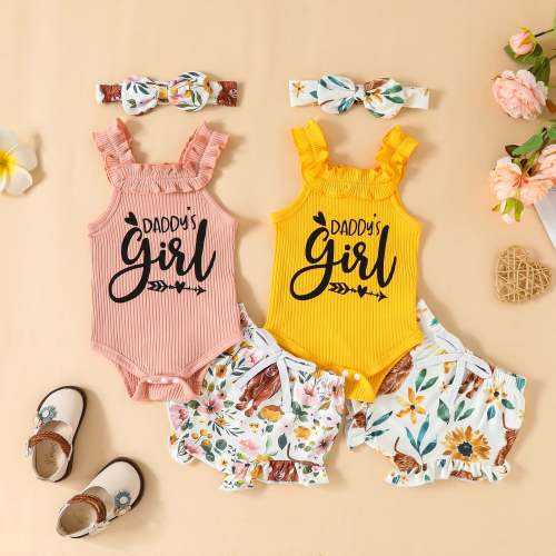 Infant Baby Girl 3Pcs Outfits Tank Top Daddys Little Girl Romper Cow Floral Print Shorts and Headband