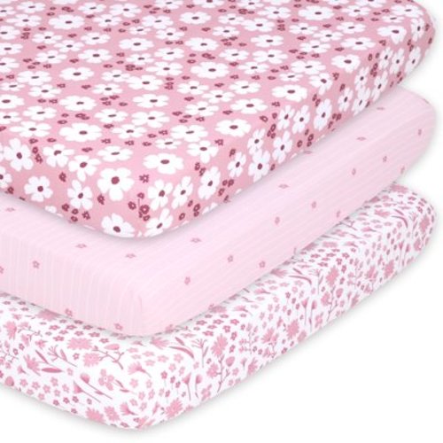 The Peanutshell Pack n Play, Mini Crib, Portable Crib or Fitted Playard Sheets for Baby Girl, Pink Daisy, 3 Pack Set