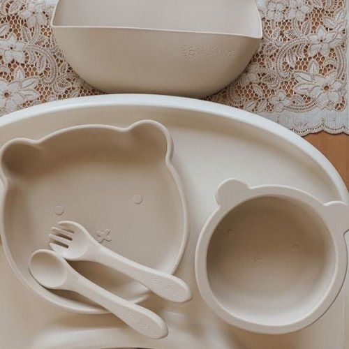 Bear Silicone Baby Feeding Set -6pc - Steamed Milk
