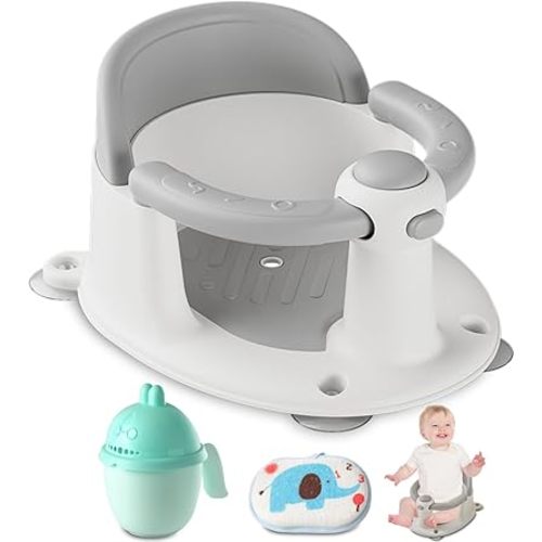 Baby Bath Seat, Baby Bath Must-Have for 6 Months and up, Baby Bath tub Seat with Suction Cups, Non-Slip, Detachable, Non-Slip Cute Grey