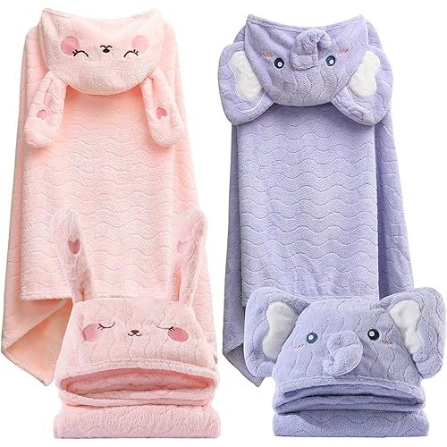 2 Pack Hooded Towels for Toddlers - Thick 55" x 27.5" Baby Bath Towel Set for Girls and Boys - Super Absorbent, Age 1-5, Elephant & Rabbit