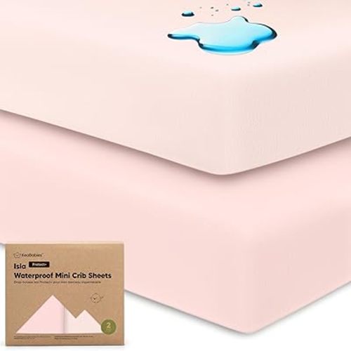 2-Pack Waterproof Pack and Play Sheets, Mini Crib Sheets Fitted for Boy, Girl - 38 x 26 Viscose from Bamboo Pack N Play Mattress Sheets for Graco, Toddler Playard Baby Crib Sheets Neutral (Mist Rose)