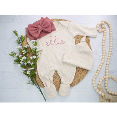 Personalized baby girl oatmeal and mauve vintage romper with headband, Newborn outfit, Embroidered girl coming home outfit, baby shower gift