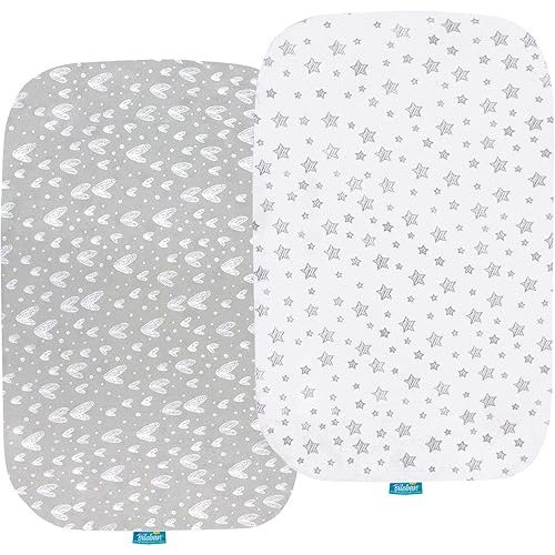 Bassinet Sheets Compatible with ANGELBLISS Baby Bassinet, Koolerthings (3 in 1) Baby Bassinet, Pamo Babe and Ihoming Bedside Bassinet, 2 Pack, 100% Jersey Cotton, Breathable and Soft, Grey Print
