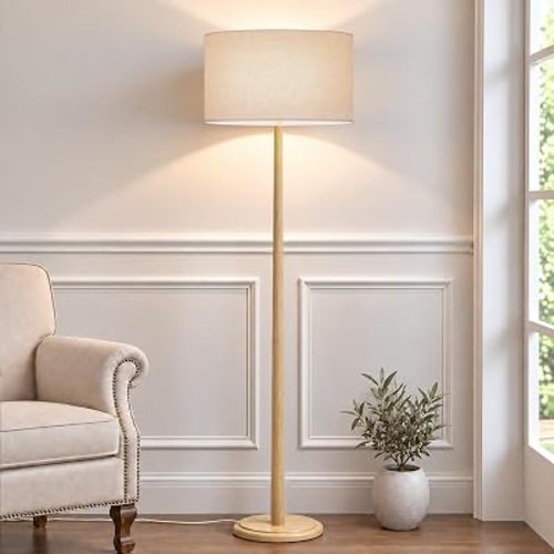 61" Natural Wood Floor Lamp with Linen Drum Shade, E26 Base, UL listed