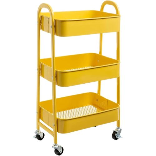 AGTEK Makeup Cart, Movable Rolling Organizer Cart, 3 Tier Metal Utility Cart, Yellow