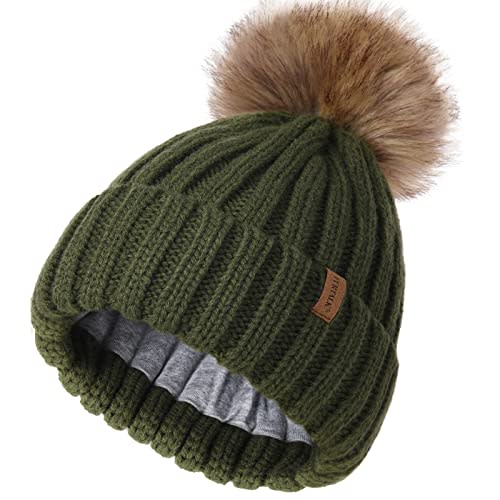 FURTALK Kids Winter Hat Toddler Knitted Pom Beanie Hat Cotton Lined Faux Fur Pom Pom Cap Baby Girls Boys Beanies