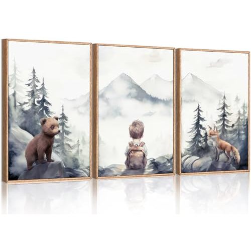 3Pcs Boy Adventure Nursery Wall Art Woodland Animals Bear & Fox Wall Decor Picture Watercolor Mountain Kids Canvas Posters Prints for Classroom Baby Room Decoration Unframed (12x16 Poster)