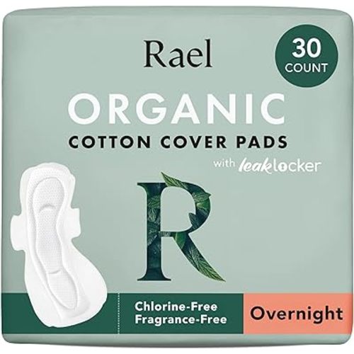 Rael Pads for Women, Organic Cotton Cover - Period Pads with Wings, Feminine Care, Sanitary Napkins, Heavy Absorbency, Unscented, Ultra Thin (Overnight, 30 Count)