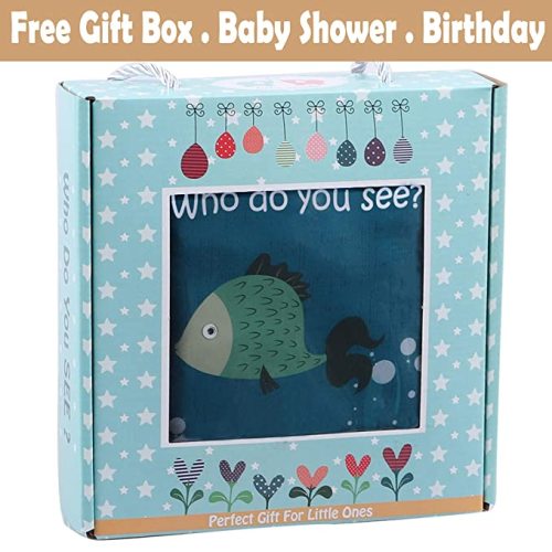 Fish Baby Book 0-6 Months,Touch Feel Cloth Crinkle Books for Babies,Infant Baby Toys 6-12 Months,Learning Education Soft Sensory Mirror Toy,Teether,Shower Gifts for Boys Girls-Gift Box