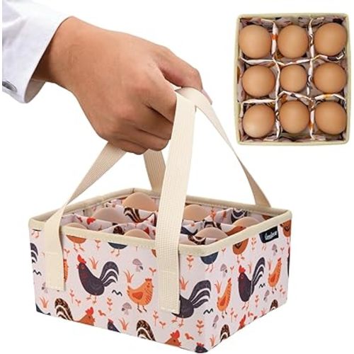 Eggs Collecting Basket, Egg Bags with 9 Pouches, Durable Canvas Eggs Holder with Bottom PP Board, Collector & Container for Duck, Chicken, Goose Egg
