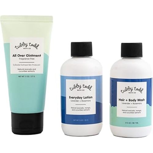 Tubby Todd Regulars Bundle - 3-Step Baby Skincare Routine - Baby Shampoo and Body Wash, Everyday Lotion & All Over Ointment Baby Eczema Cream - 2oz Travel Size - Lavender Rosemary