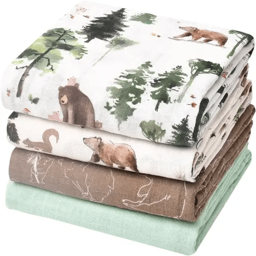 david's kids 4 Pack Baby Muslin Swaddle Blankets, 100% Cotton Swaddling Blankets Wrap for Boys Girls, Ultra Soft Breathable Receiving Blanket, New Born Essentials, Woodland Animals/Green