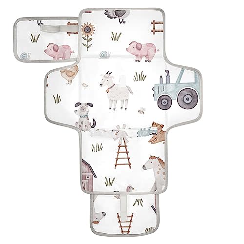WELLDAY Farm House Animals Baby Changing Pad - Waterproof Diaper Changing Pad with Built-in Pillow - Portable Travel Changing Mat for Newborn Girl & Boy